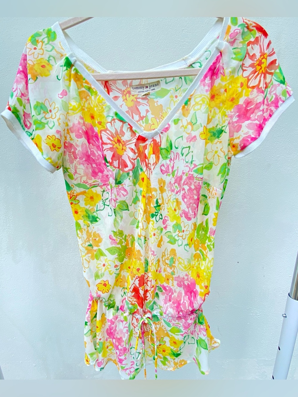 Y2K Tommy Jeans Whimsy Multicolor Floral Drawstring Blouse Size Medium